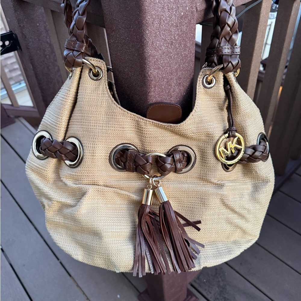 Michael Kors Beige Raffia Shoulder Bag with Brown Braided Leather Trim